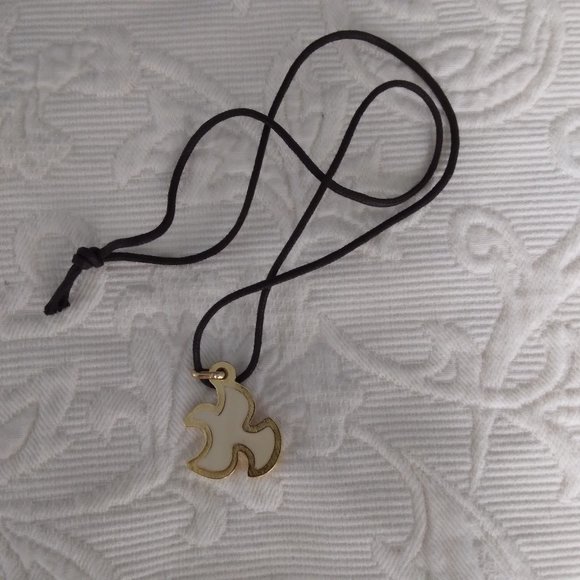 ENAMEL HOLY SPIRIT PENDANT ON EXPRESSO COLOR CORD NEW - Picture 2 of 3